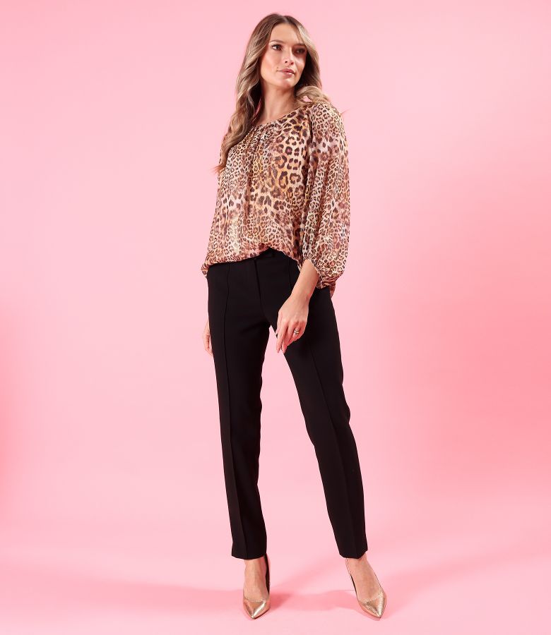 Blouse with folds at the neckline made of animal-printed veil and lurex thread