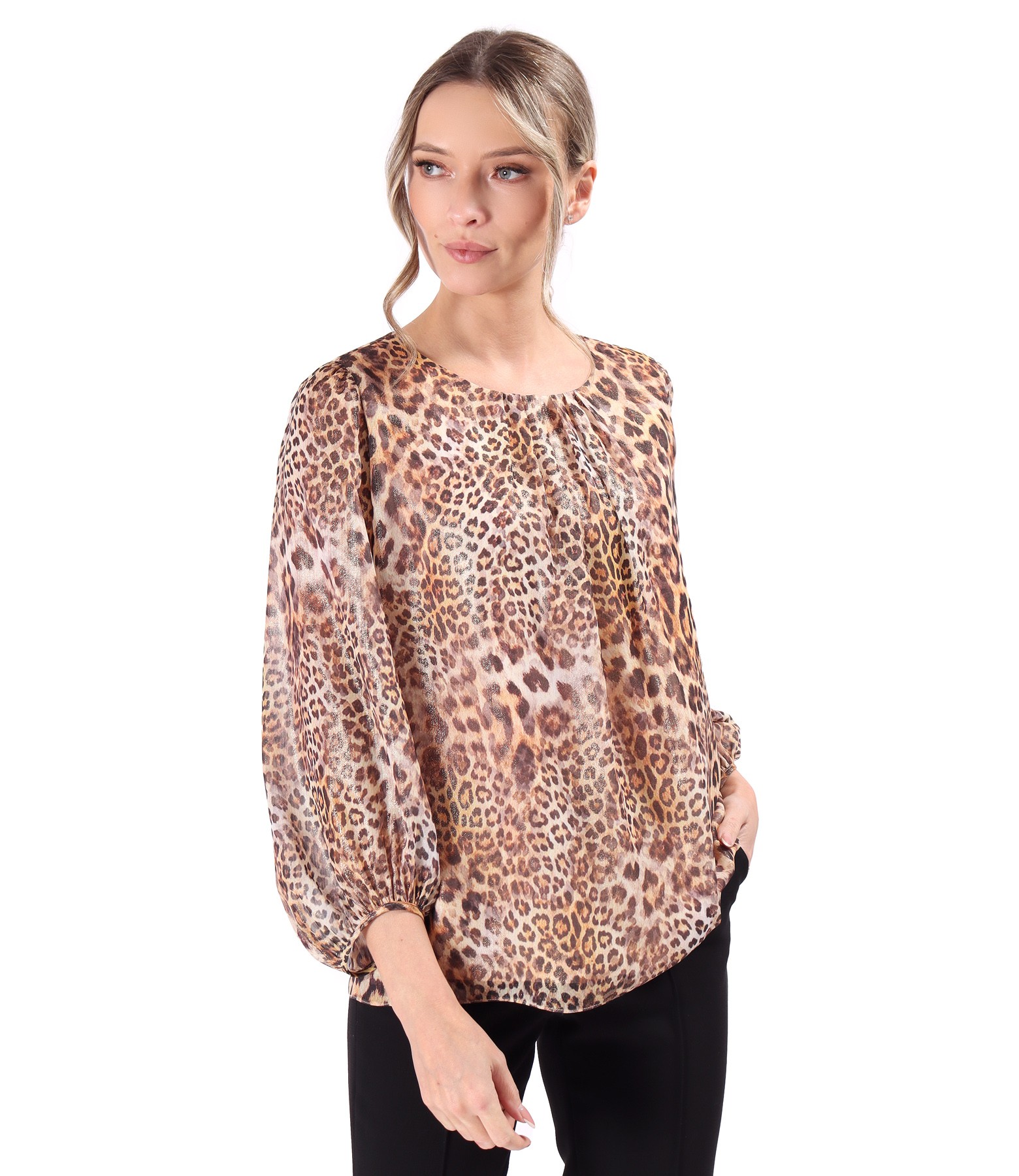 Blouse with folds at the neckline made of animal-printed veil and lurex thread