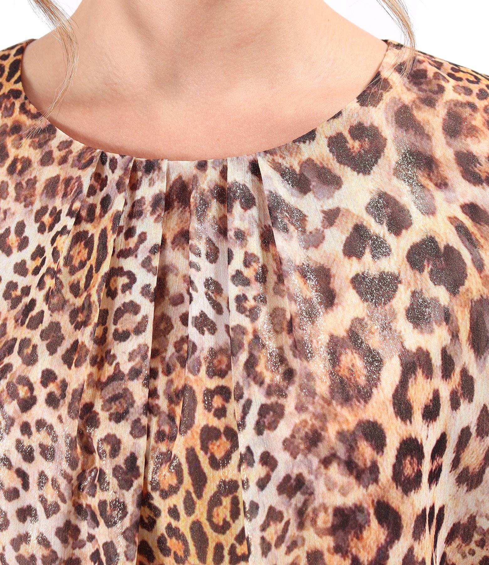 Blouse with folds at the neckline made of animal-printed veil and lurex thread