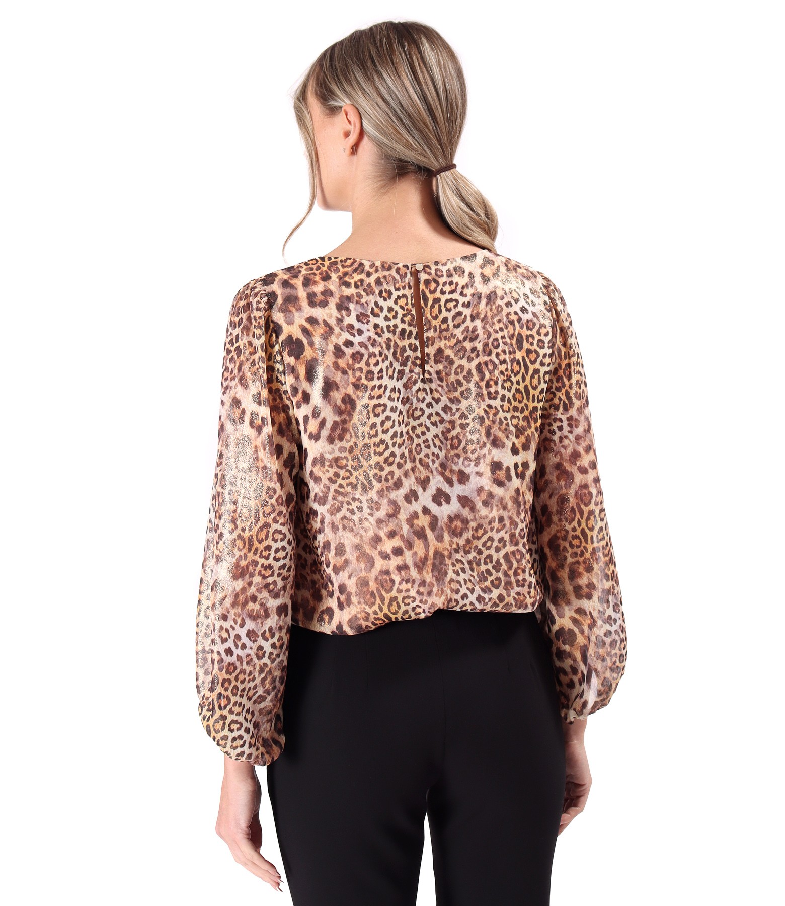 Blouse with folds at the neckline made of animal-printed veil and lurex thread