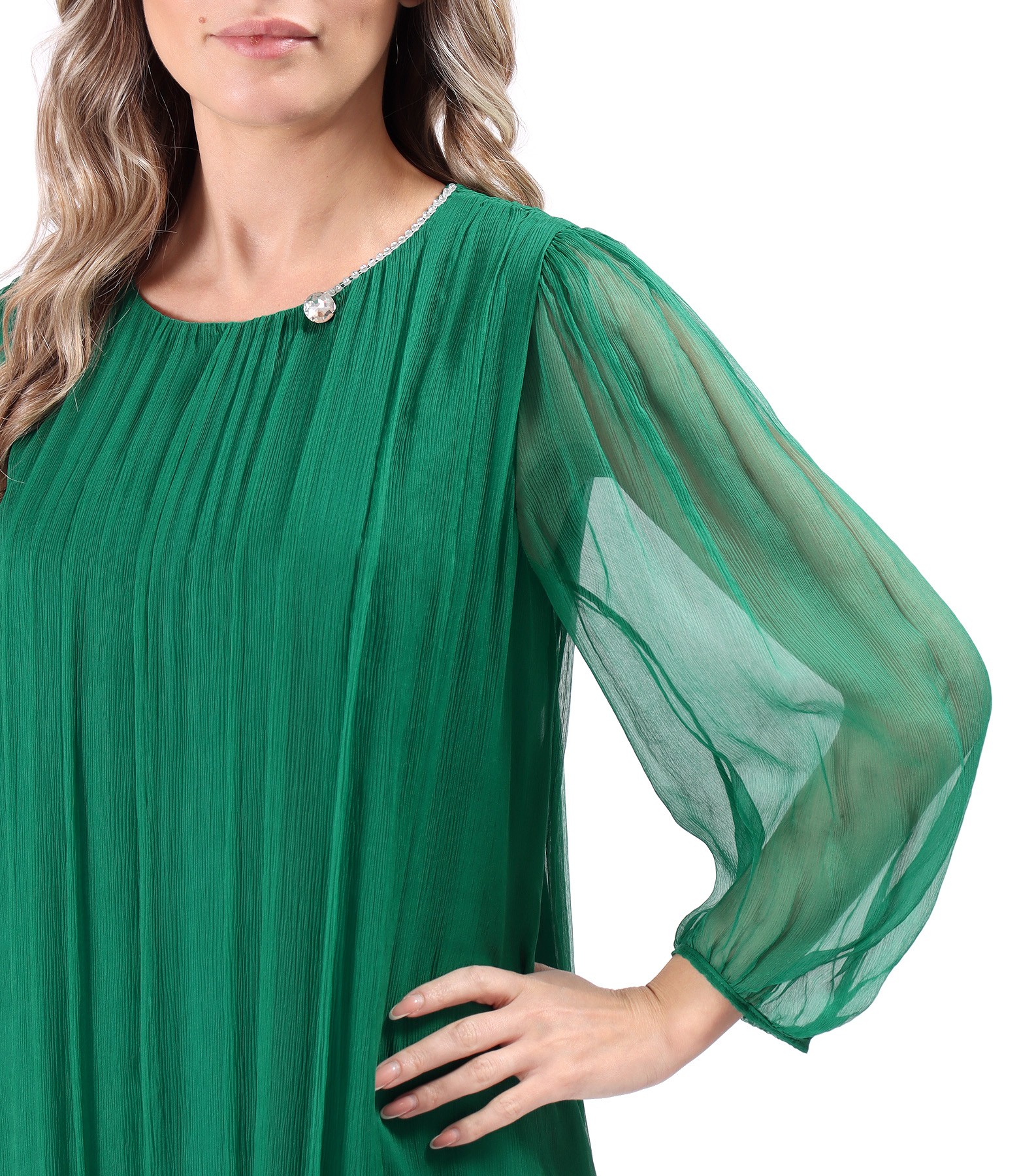 Cocktail dress made of natural silk veil with crystals at the neckline