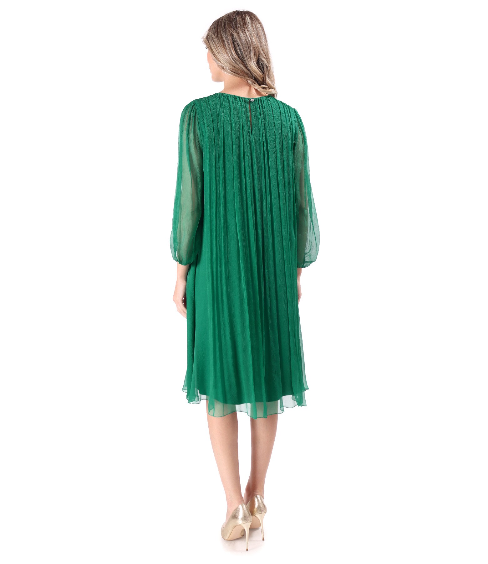 Cocktail dress made of natural silk veil with crystals at the neckline