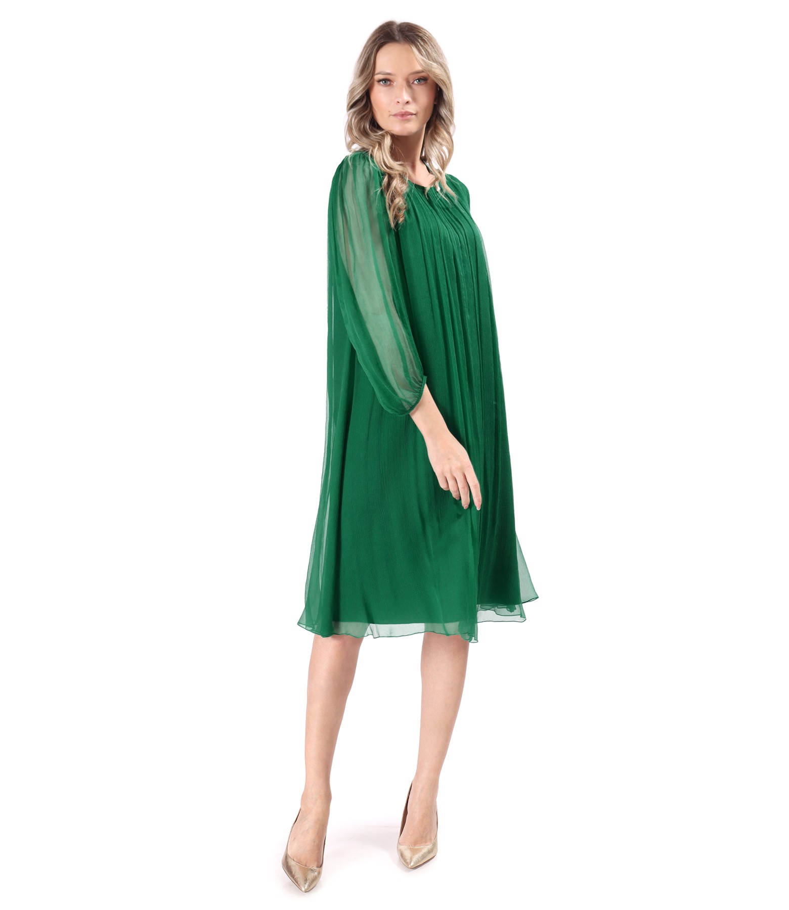 Cocktail dress made of natural silk veil with crystals at the neckline