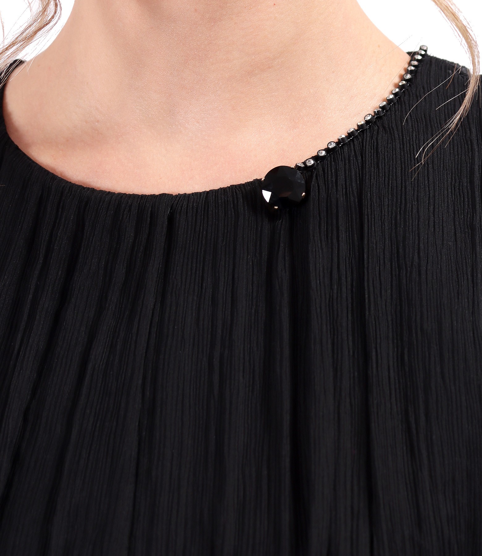 Cocktail dress made of natural silk veil with crystals at the neckline