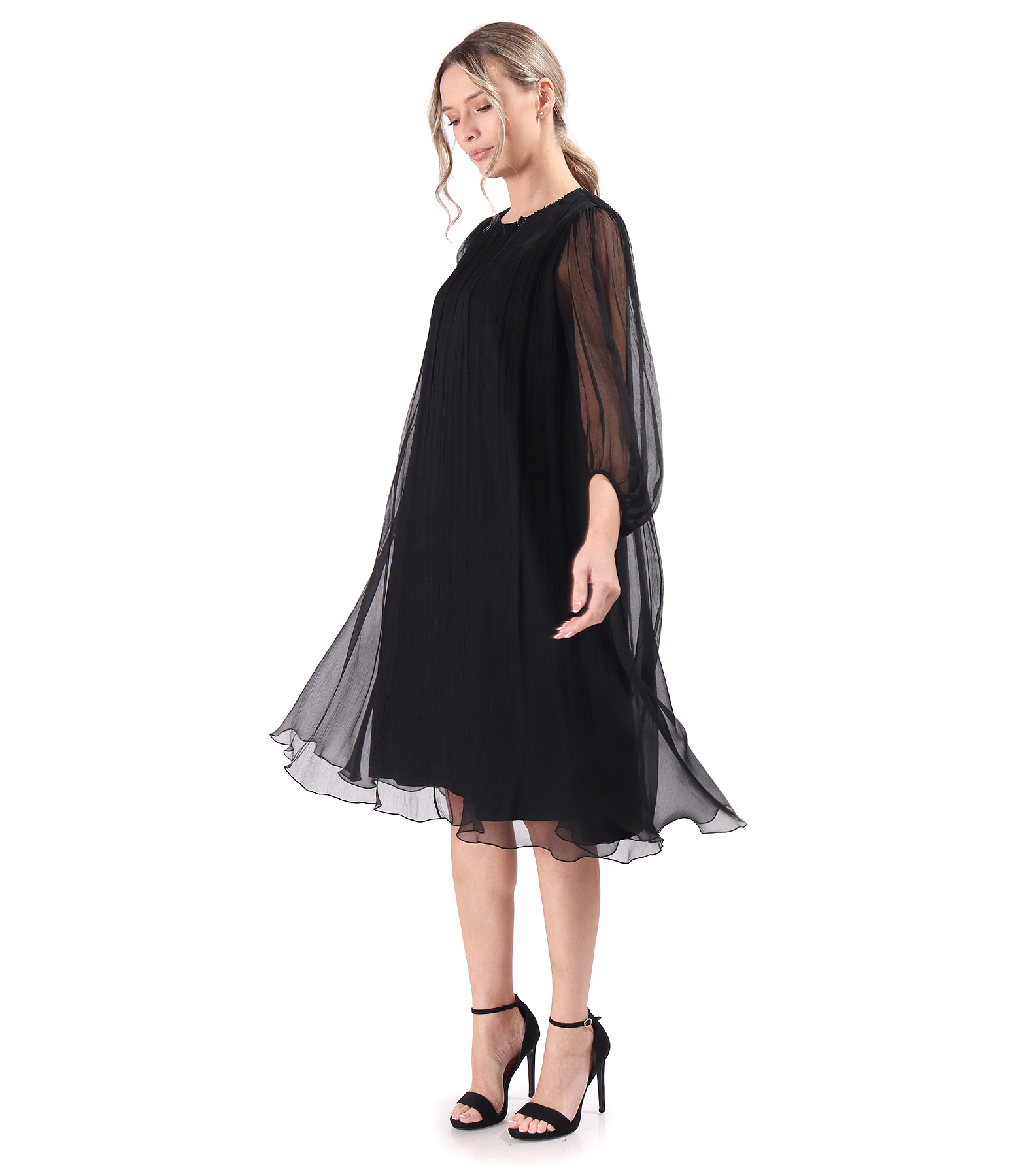 Cocktail dress made of natural silk veil with crystals at the neckline