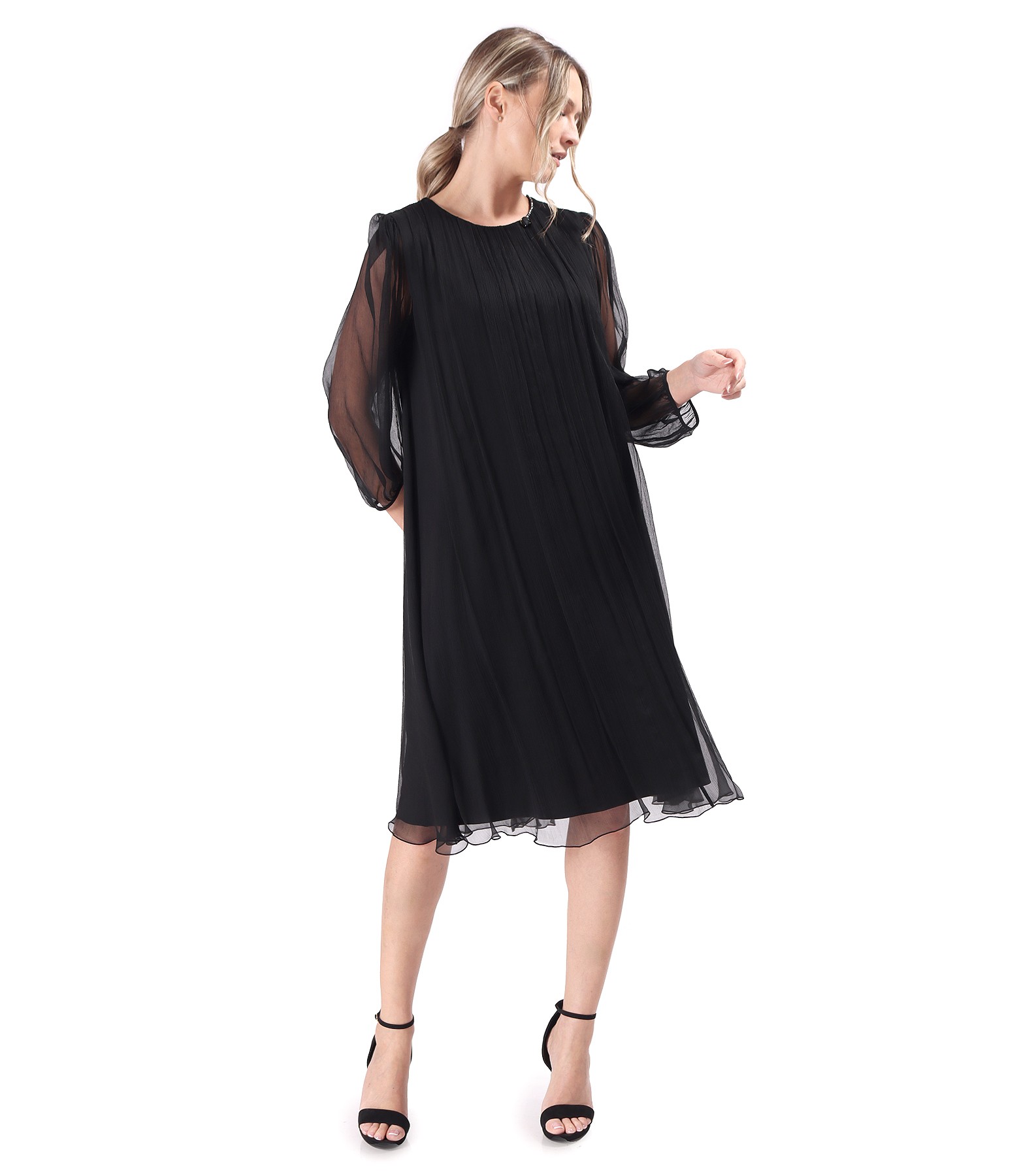 Cocktail dress made of natural silk veil with crystals at the neckline