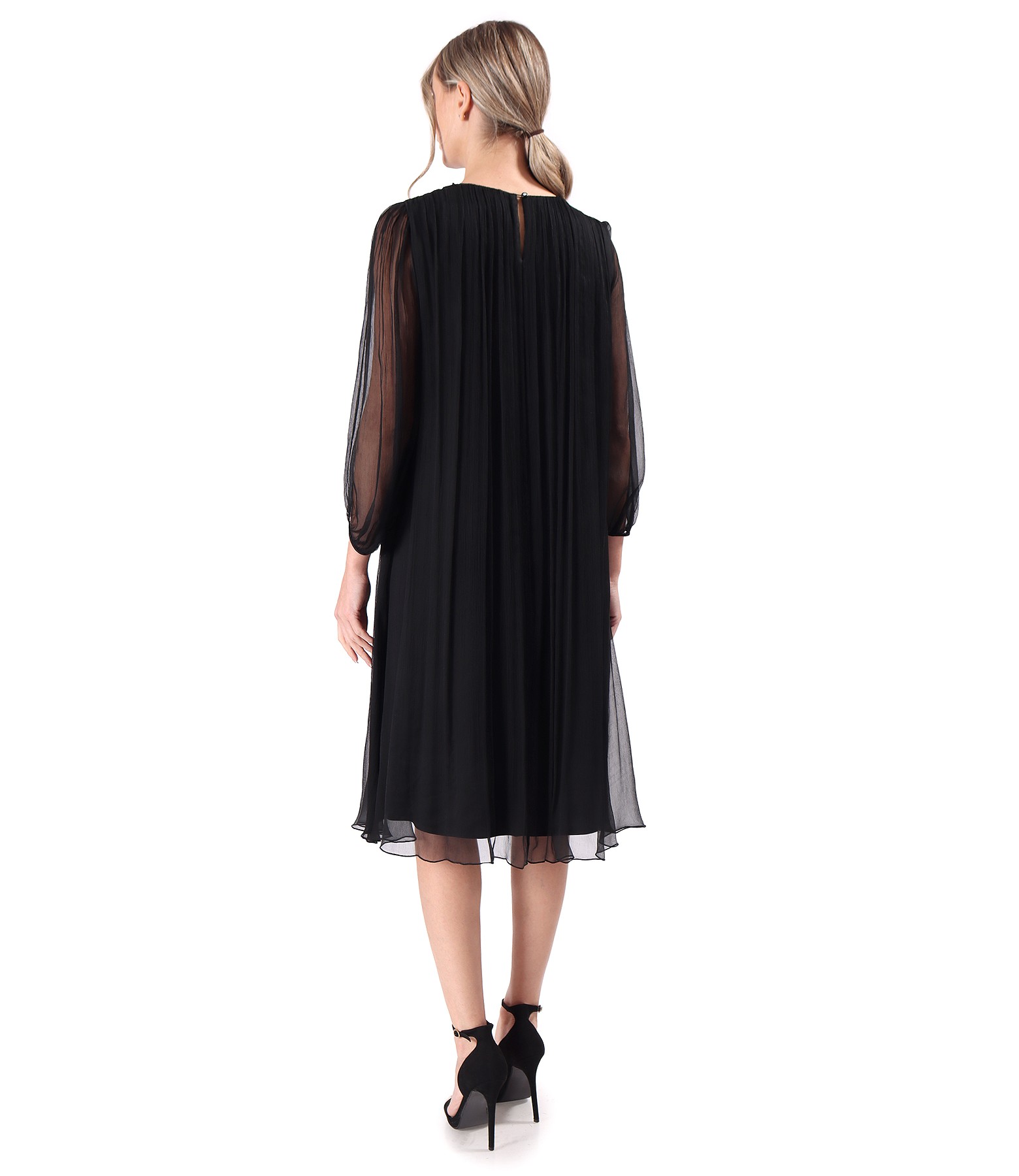 Cocktail dress made of natural silk veil with crystals at the neckline