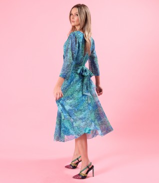Printed veil midi dress with a cord at the waist