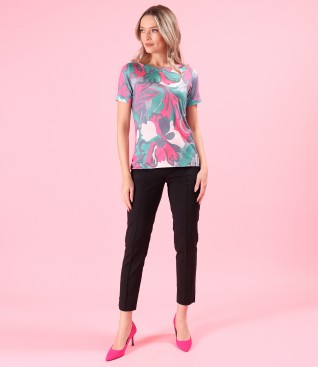 Printed elastic jersey blouse with ankle pants