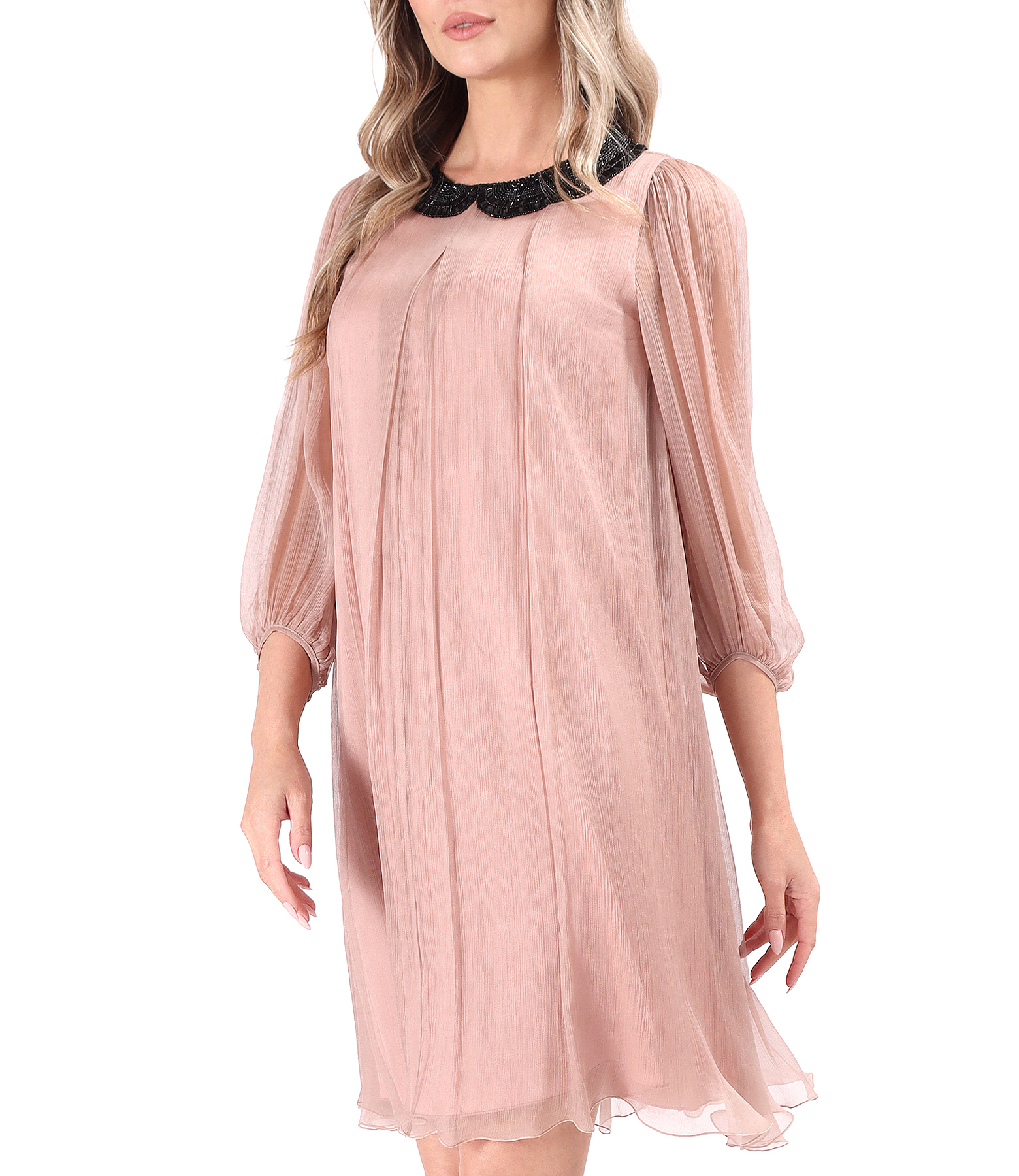 Silk voile dress with round collar with beads