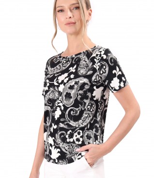 Elastic jersey blouse printed with floral motifs