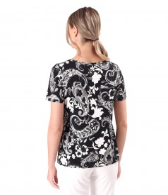 Elastic jersey blouse printed with floral motifs