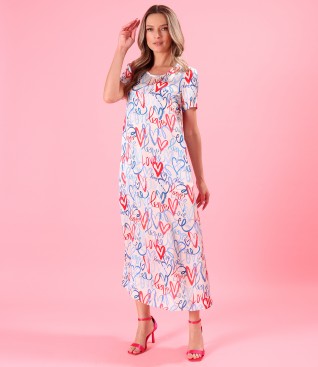 Satin viscose midi dress printed with hearts