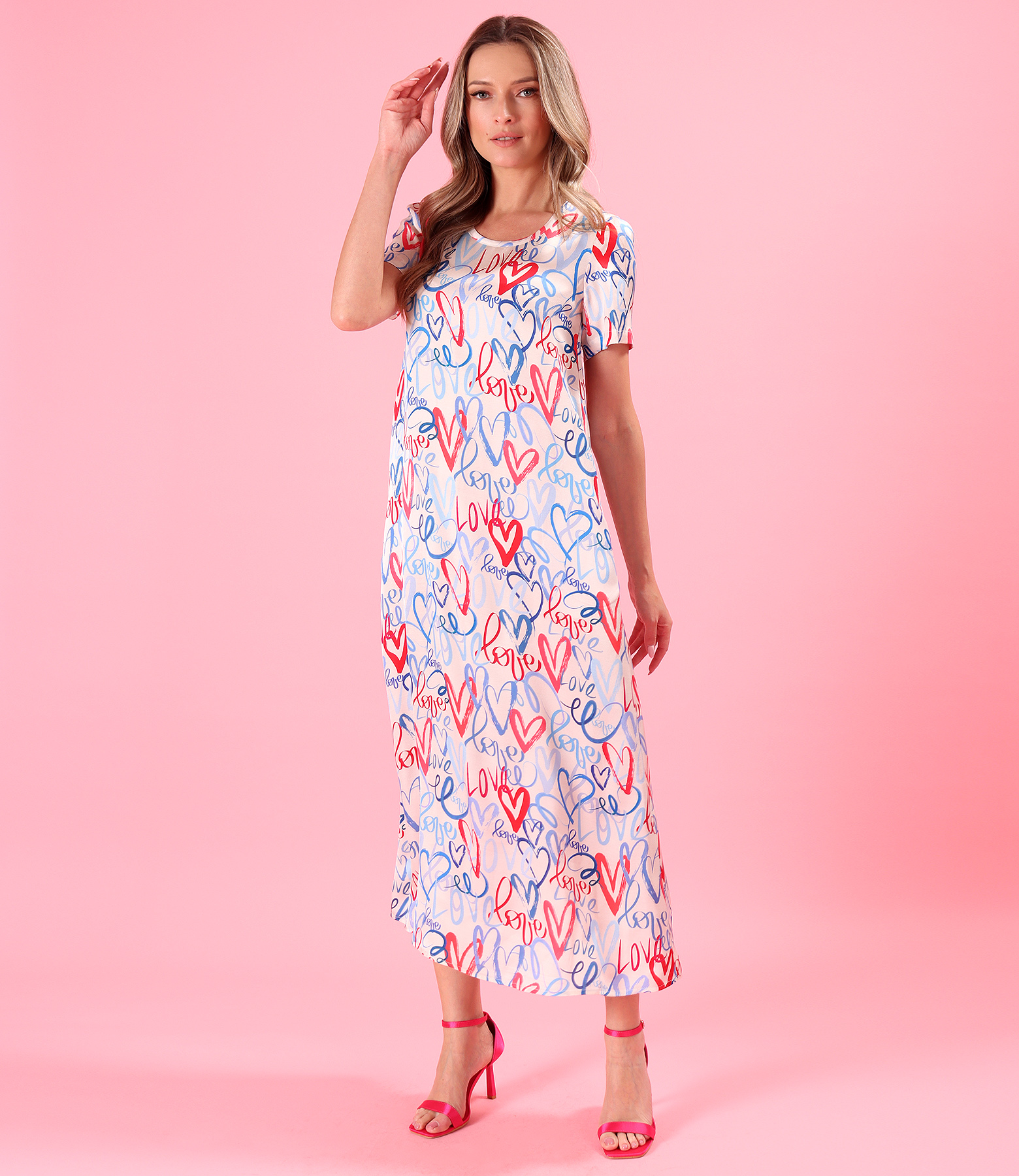 Satin viscose midi dress printed with hearts