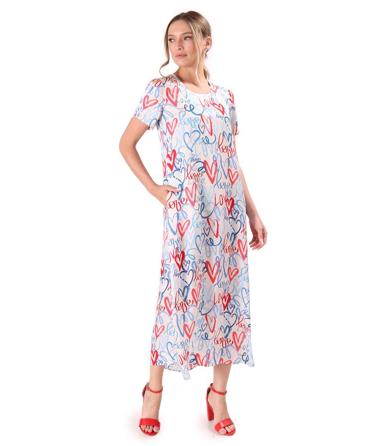 Satin viscose midi dress printed with hearts