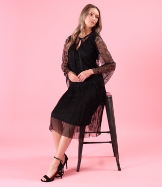 Elegant outfit with lace bolero and natural silk veil dress