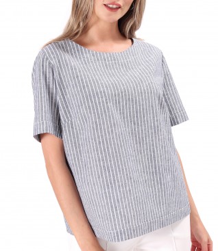 Striped printed cotton linen blouse