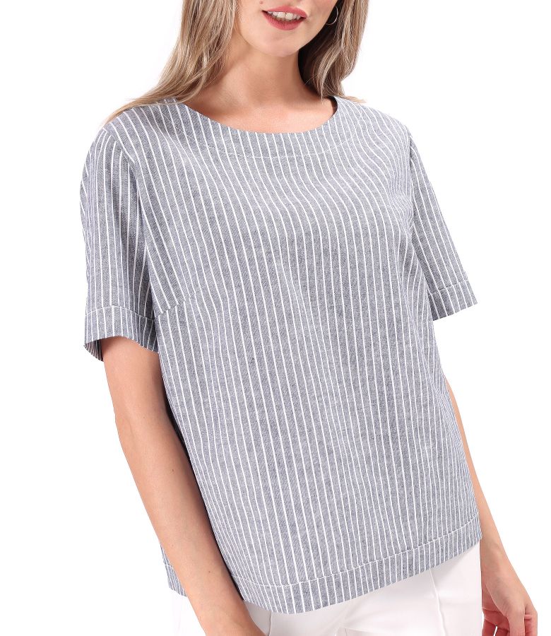 Striped printed cotton linen blouse