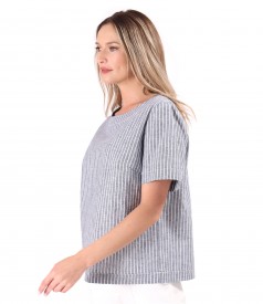 Striped printed cotton linen blouse