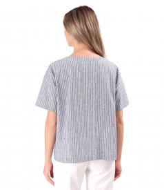 Striped printed cotton linen blouse