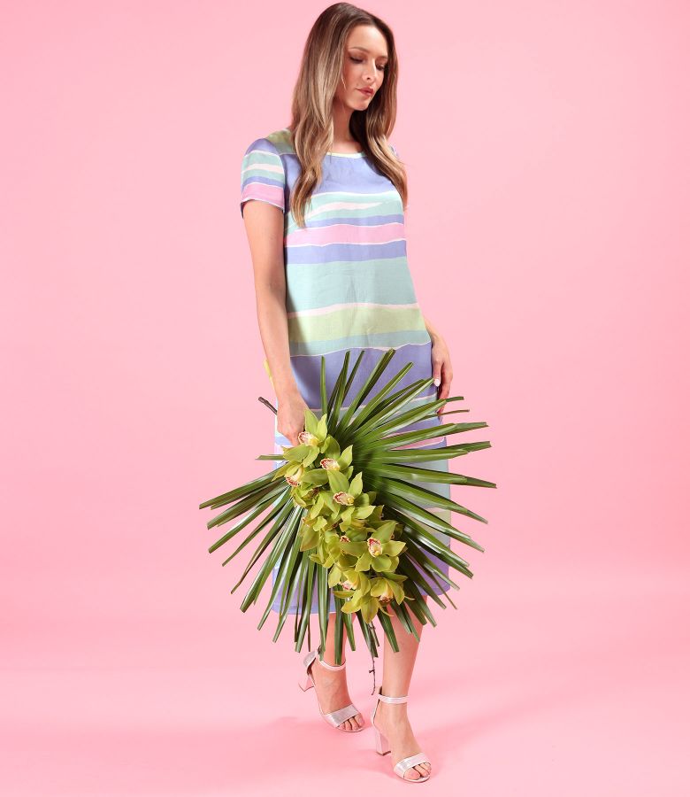 Midi dress with linen printed with stripes