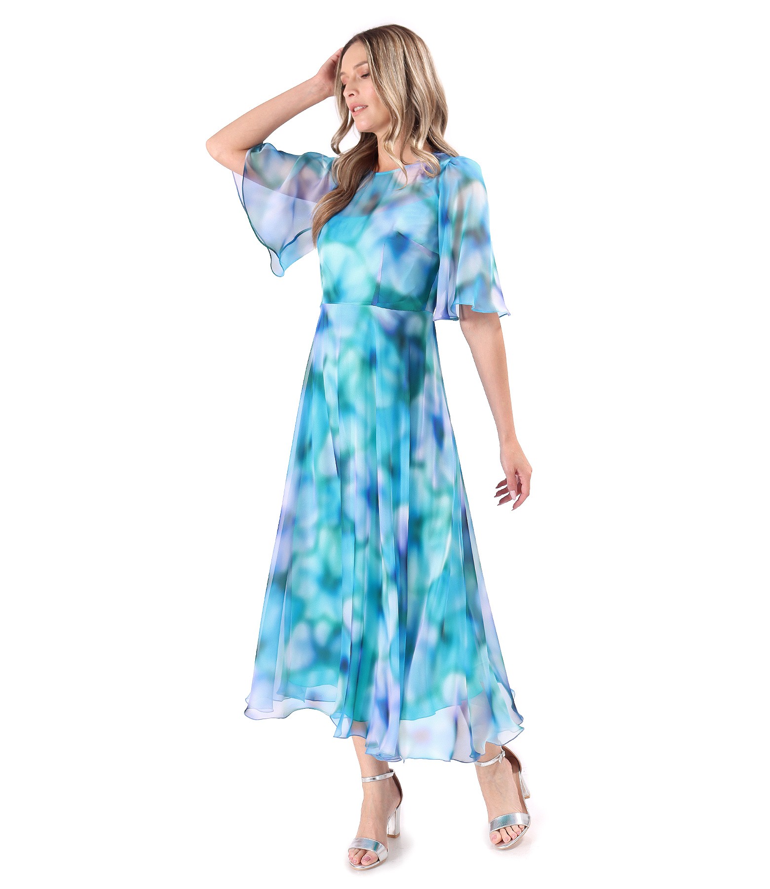 Midi Dress In Fine Floral print Chiffon Turquoise YOKKO