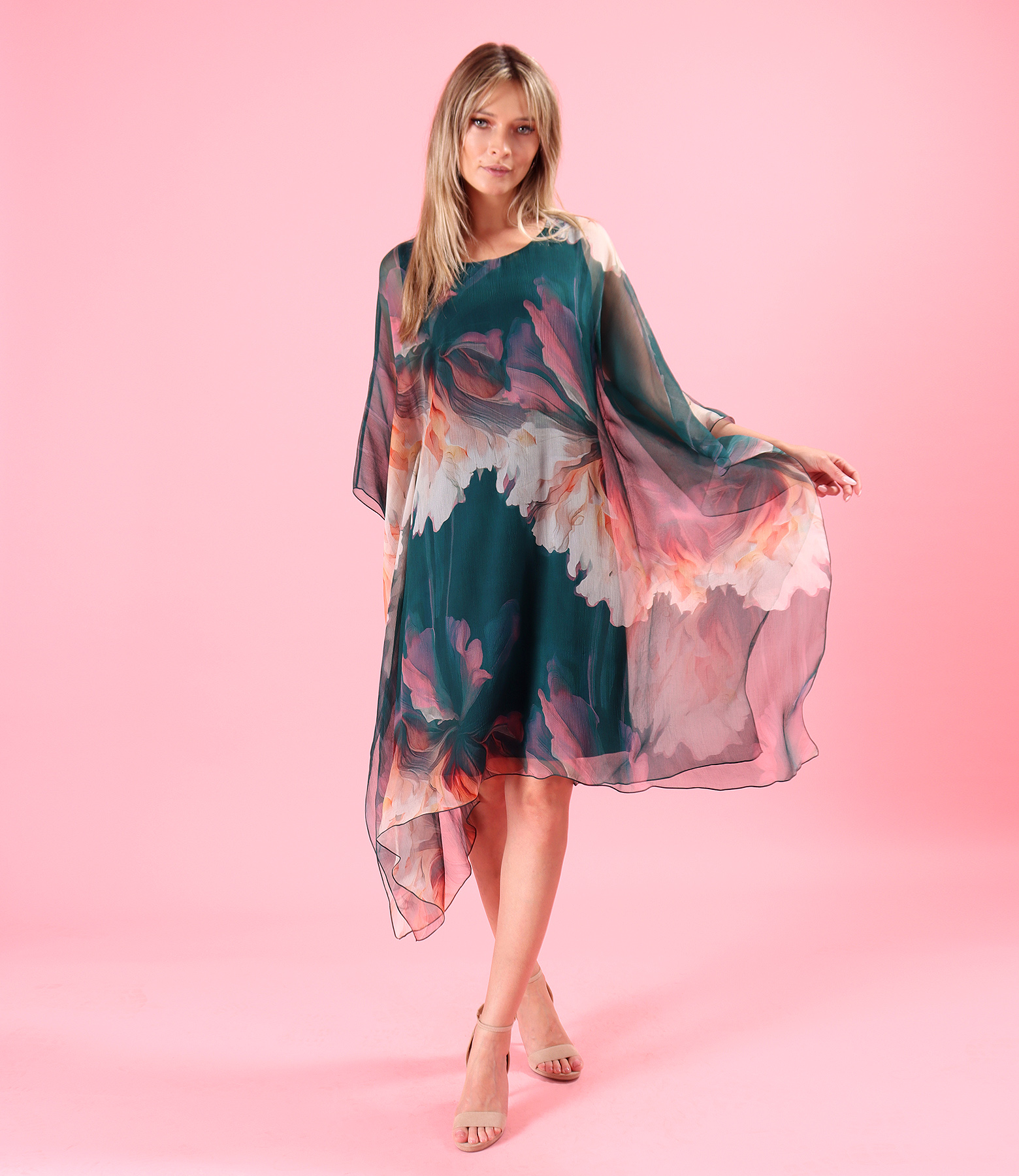Butterfly Silk Chiffon Dress with Floral Print