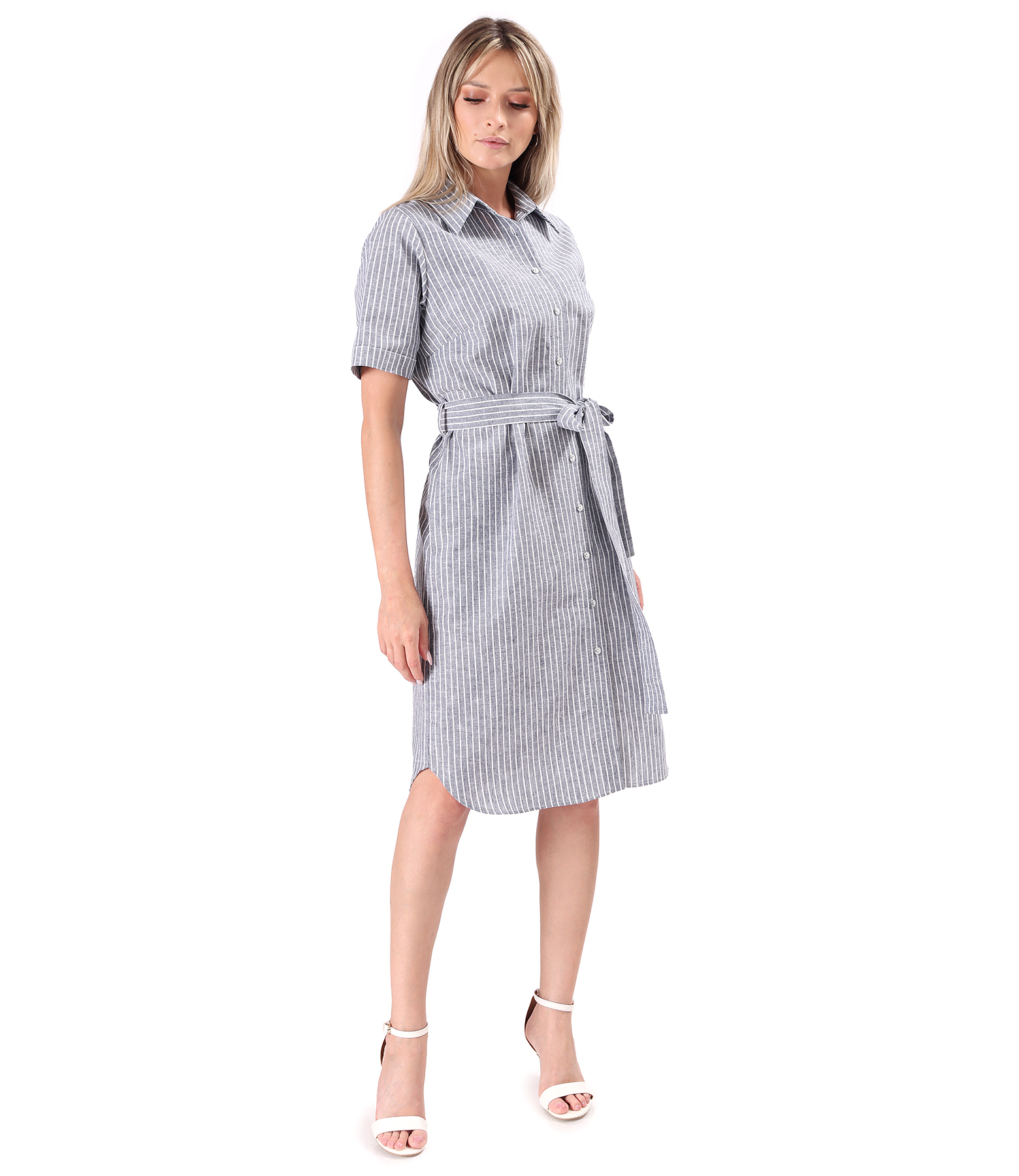 Shirt dress made of linen with cotton printed with stripes