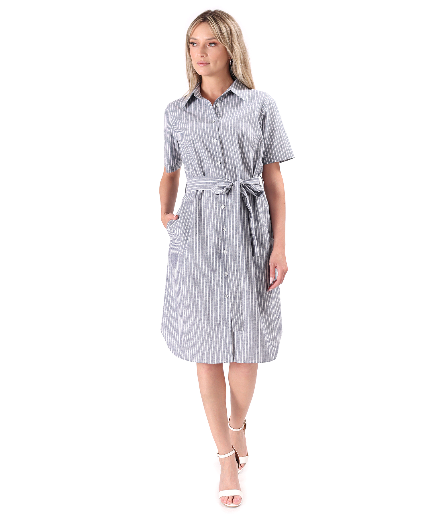Shirt dress made of linen with cotton printed with stripes