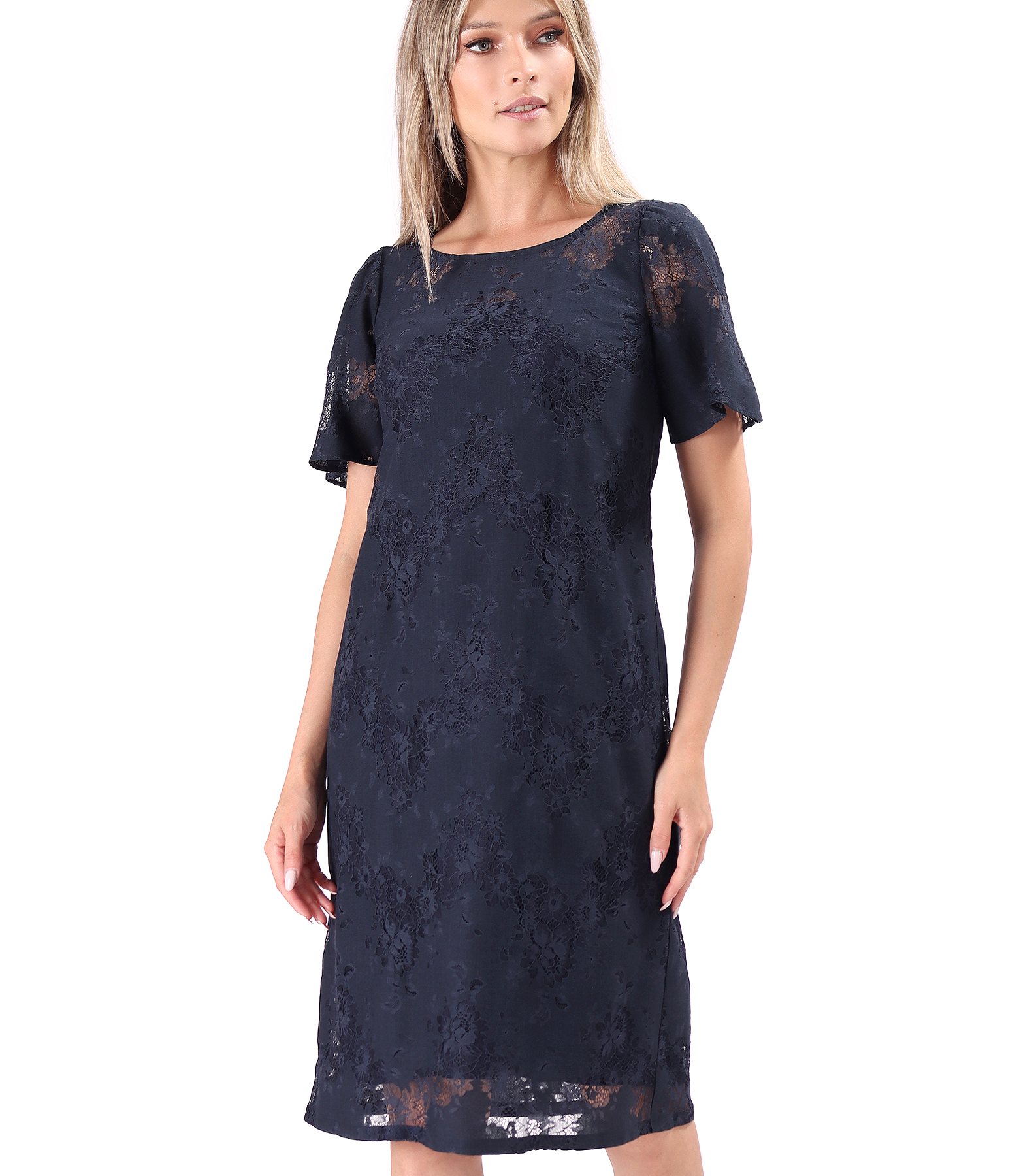 Elegant cotton lace dress with floral motifs