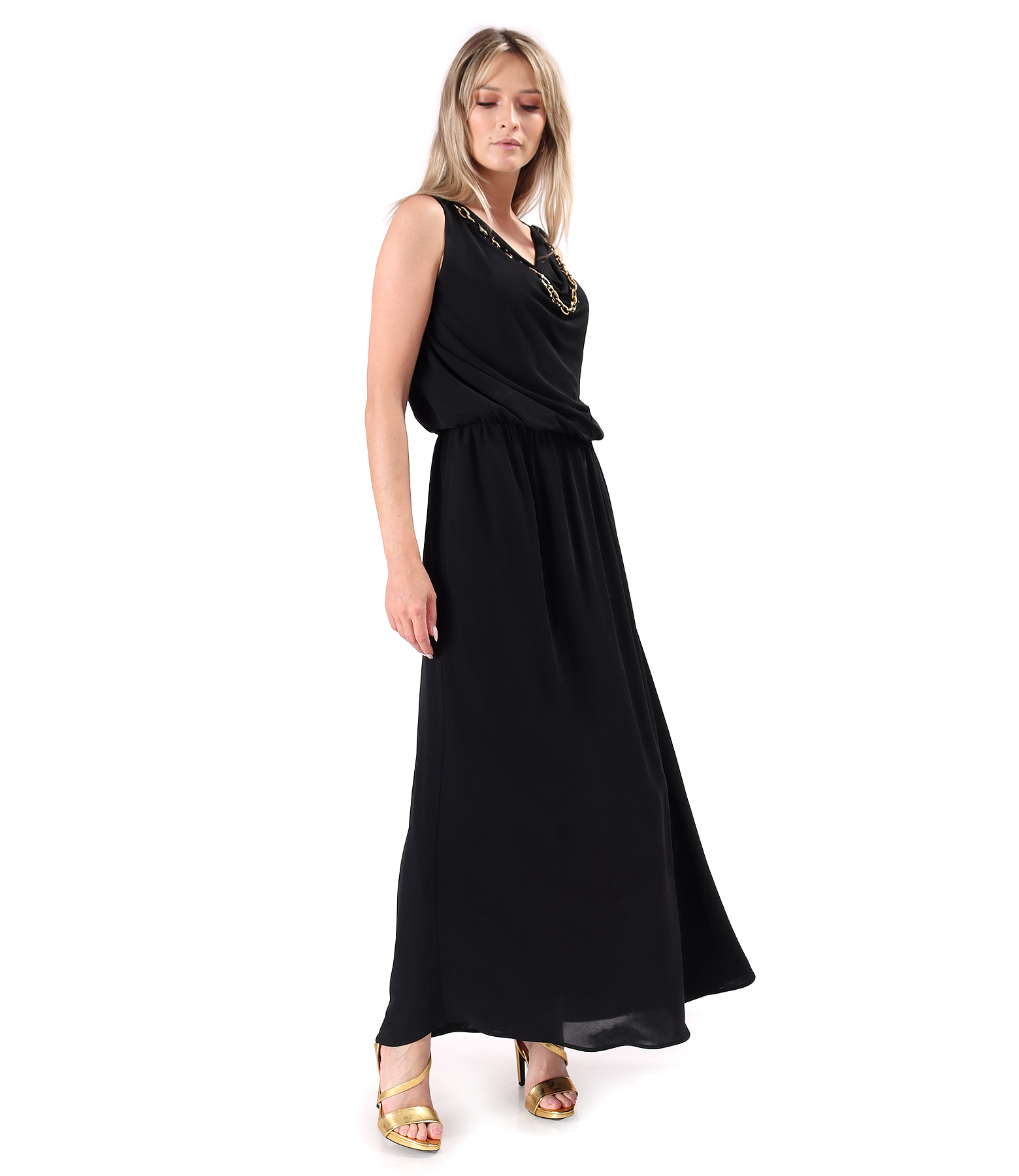 Elegant long viscose dress with chain at the neckline