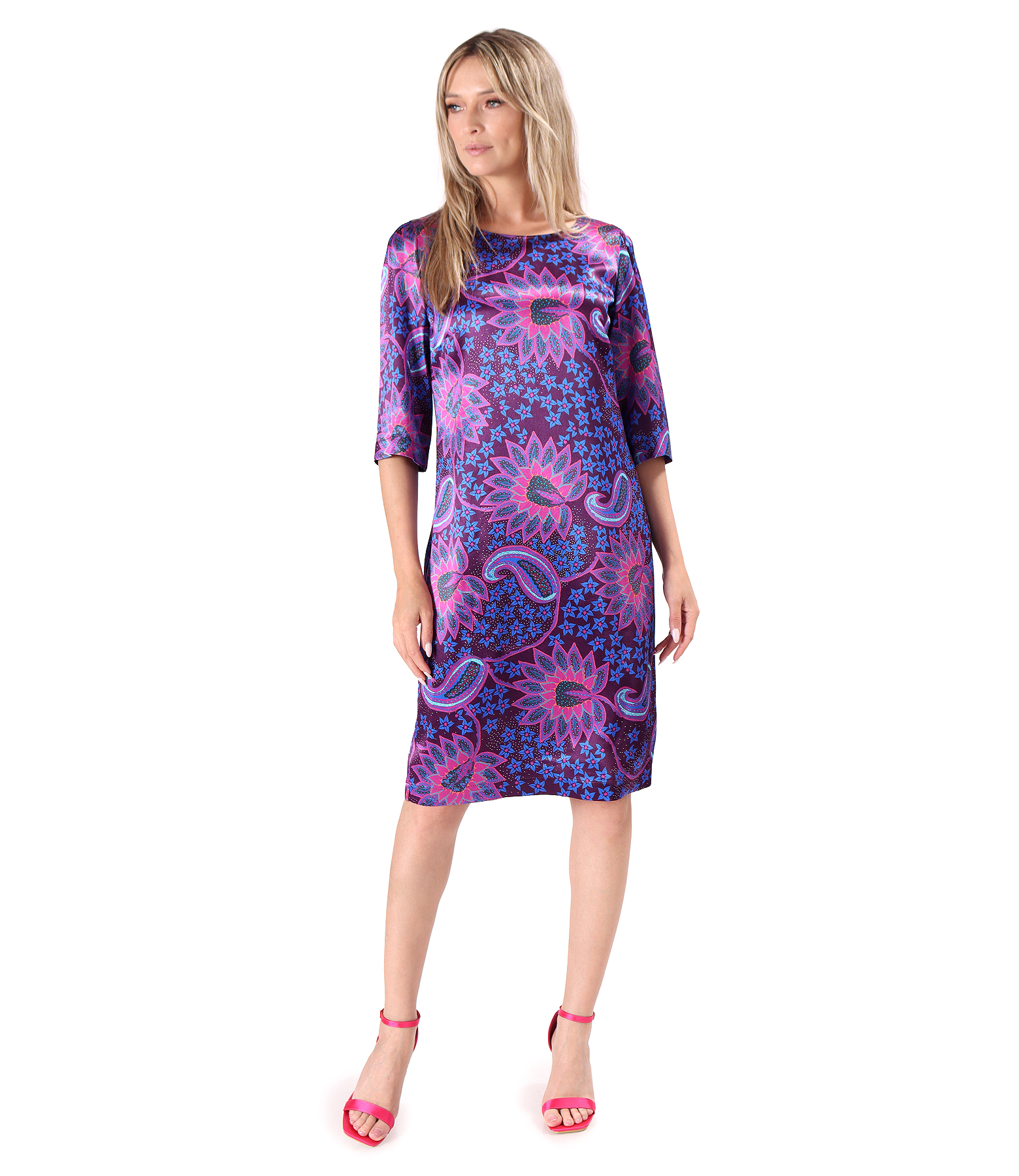 Viscose satin dress printed with paisley motifs