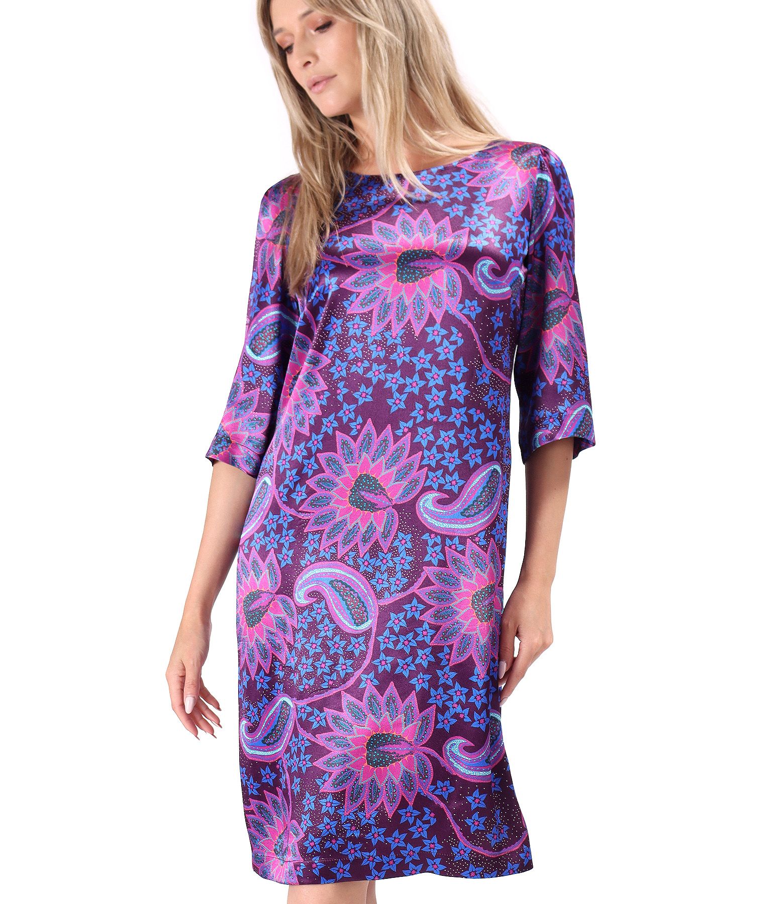 Viscose satin dress printed with paisley motifs