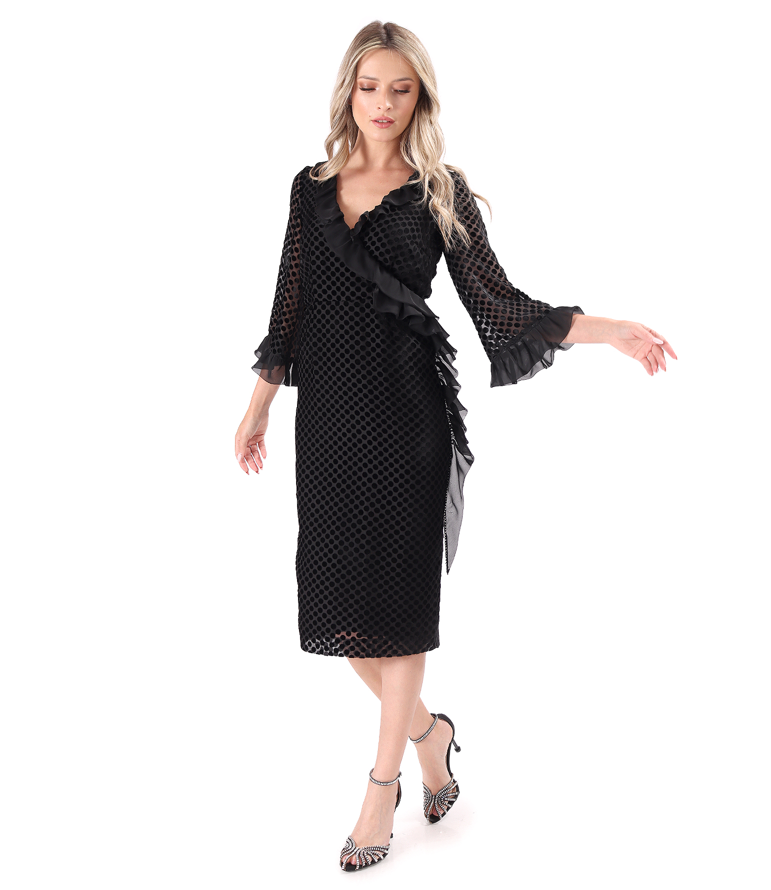 Cocktail dress made of veil with velvet polka dots