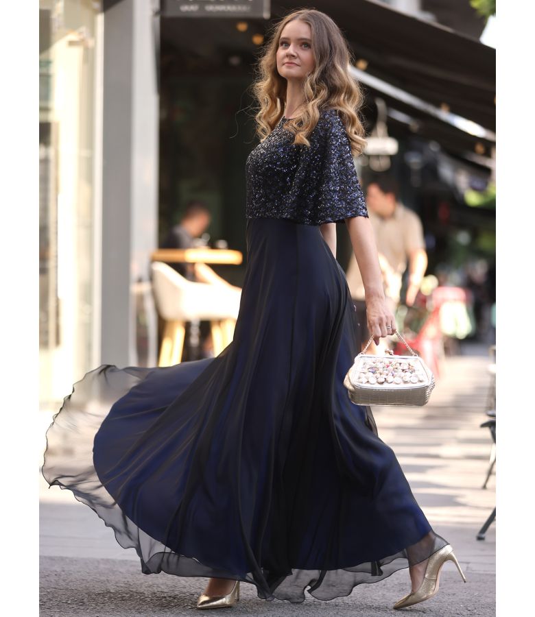 Elegant long veil dress with sequined bodice and sleeves