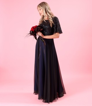 Elegant long veil dress with sequined bodice and sleeves