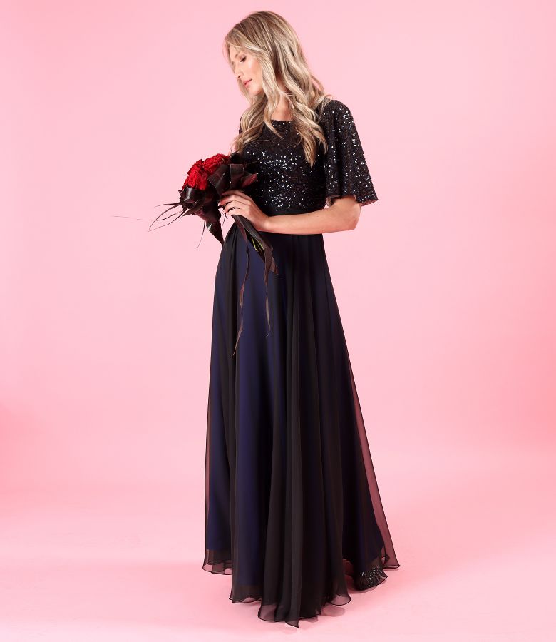 Elegant long veil dress with sequined bodice and sleeves
