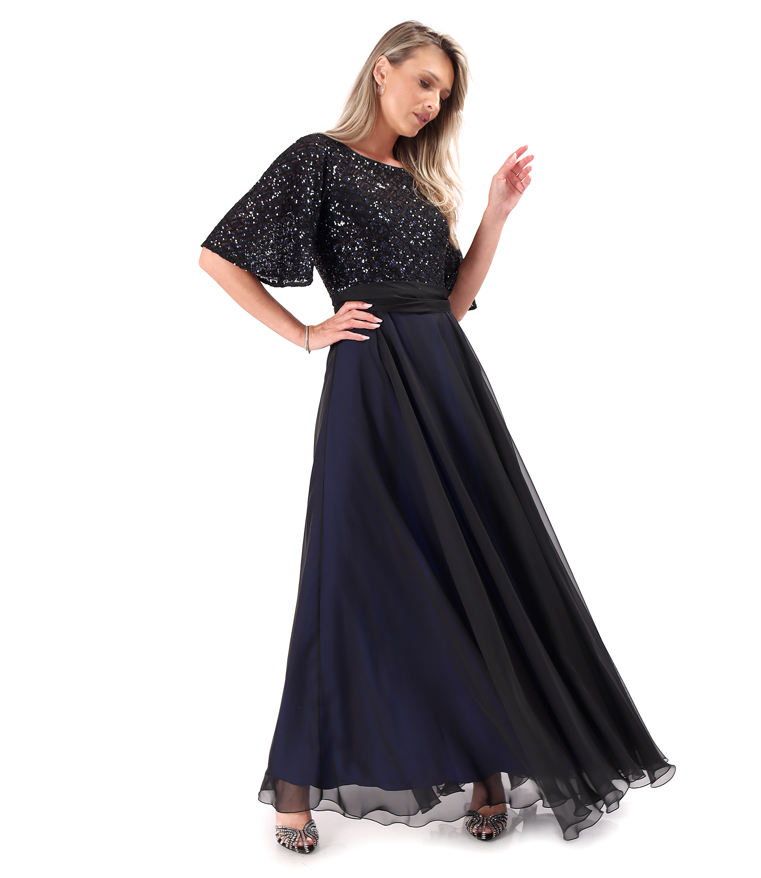 Elegant long veil dress with sequined bodice and sleeves