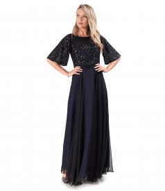 Elegant long veil dress with sequined bodice and sleeves