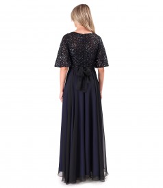 Elegant long veil dress with sequined bodice and sleeves