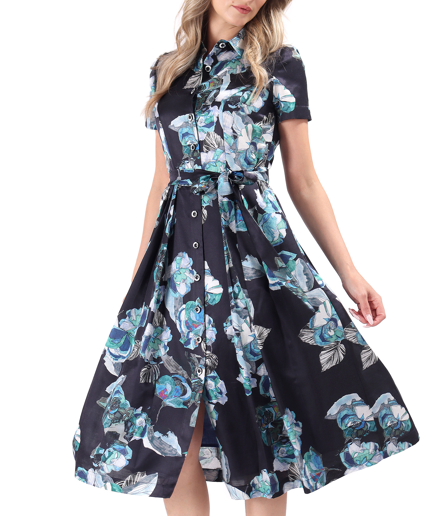 Elegant shirt dress made of cotton with natural silk
