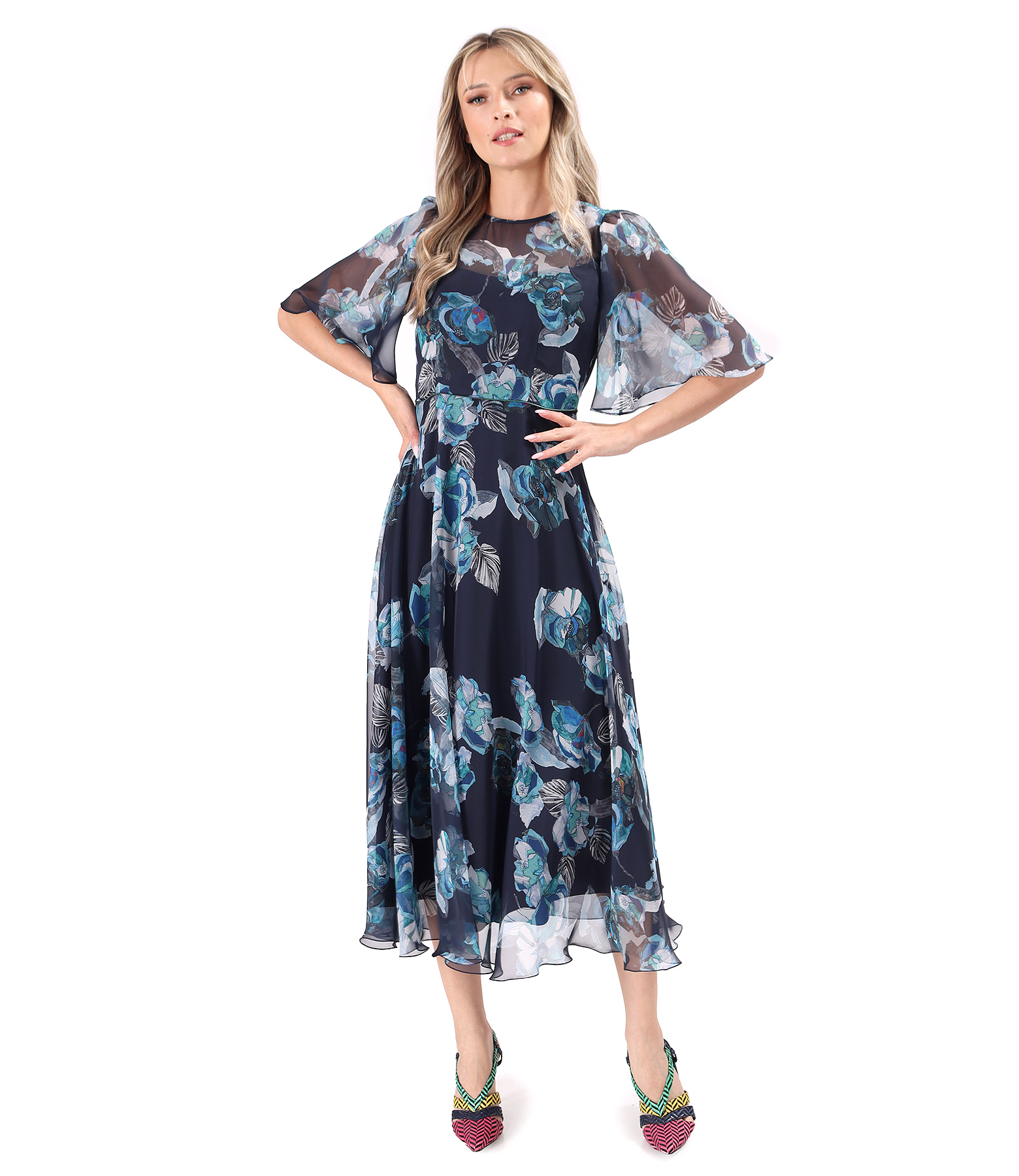 Rochie midi din voal fin imprimat cu motive florale