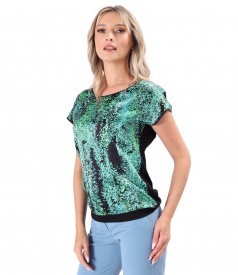 Blouse with natural silk front with geometric motifs