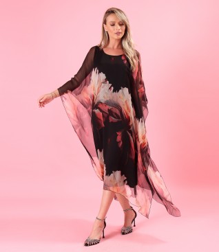 Midi butterfly silk chiffon dress with floral print