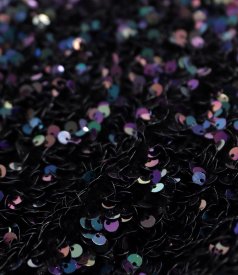 Evening voile dress with multicoloured sequin velvet bodice