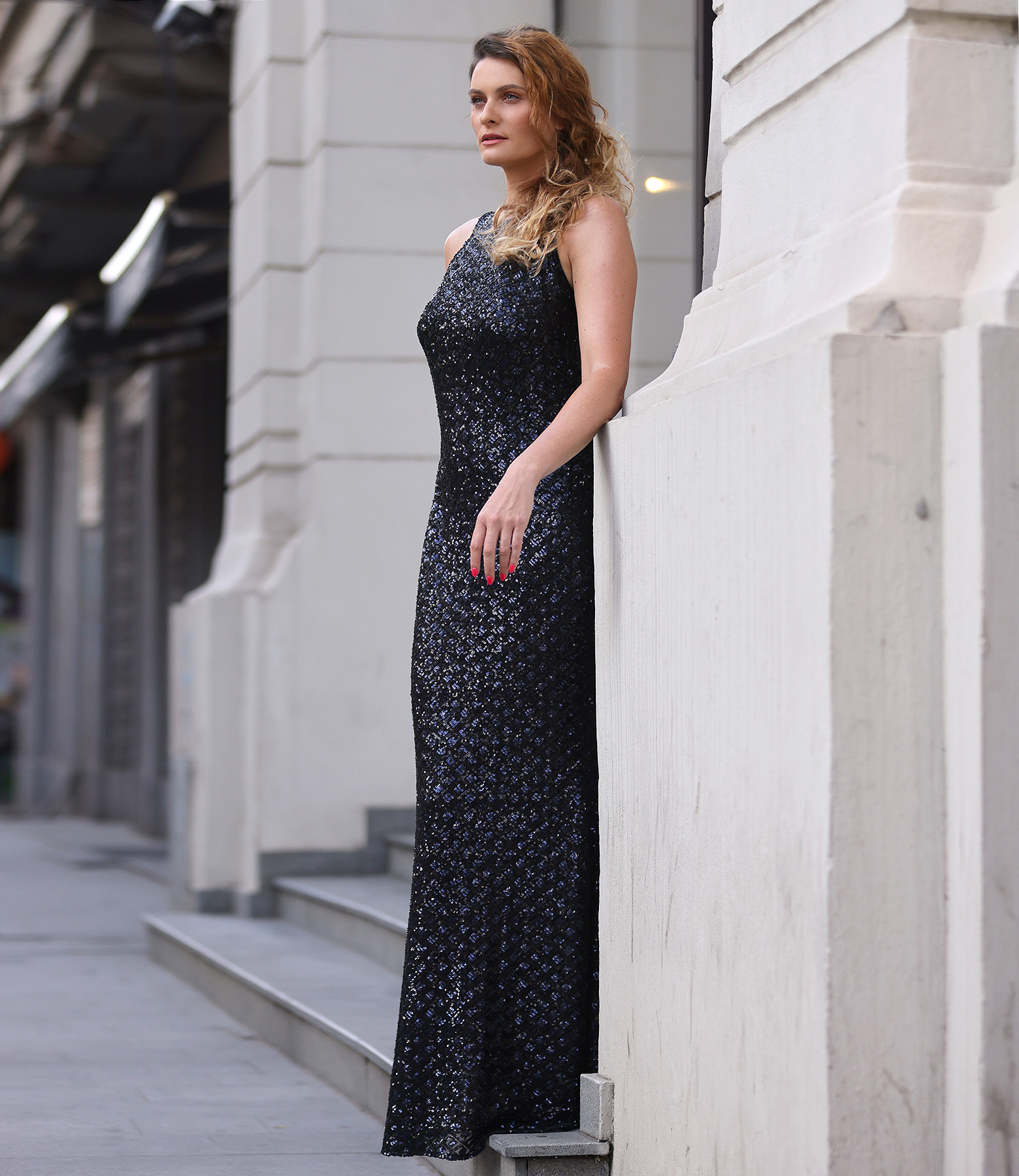 Long multicolore sequin evening dress