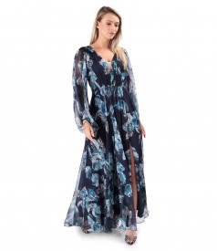Long evening dress made of veil printed with floral motifs