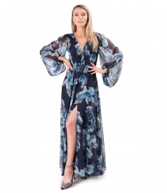 Long evening dress made of veil printed with floral motifs