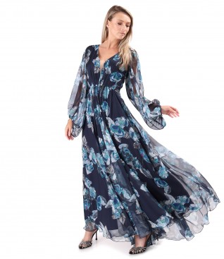 Long evening dress made of veil printed with floral motifs