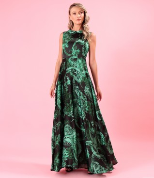 Long natural silk dress printed with paisley motifs